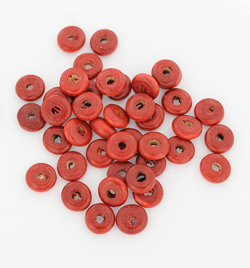 Rondelle Wood Beads 10mm x 4mm - Red - 100 Beads - BD818