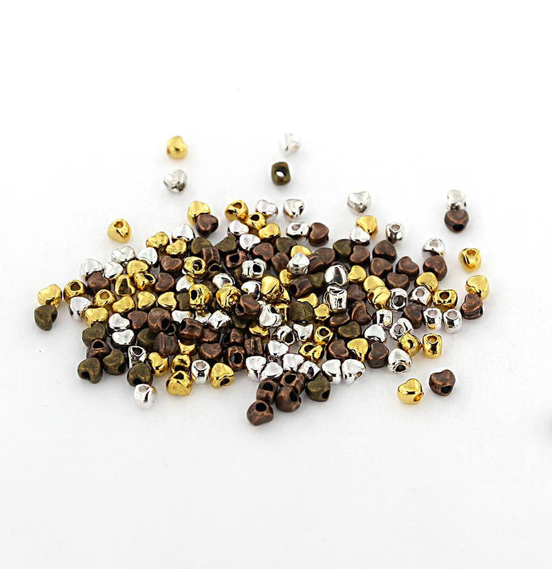Heart Spacer Beads 3.5mm x 4mm - Assorted Silver, Bronze, Copper and Gold Tones - 100 Beads - FD385