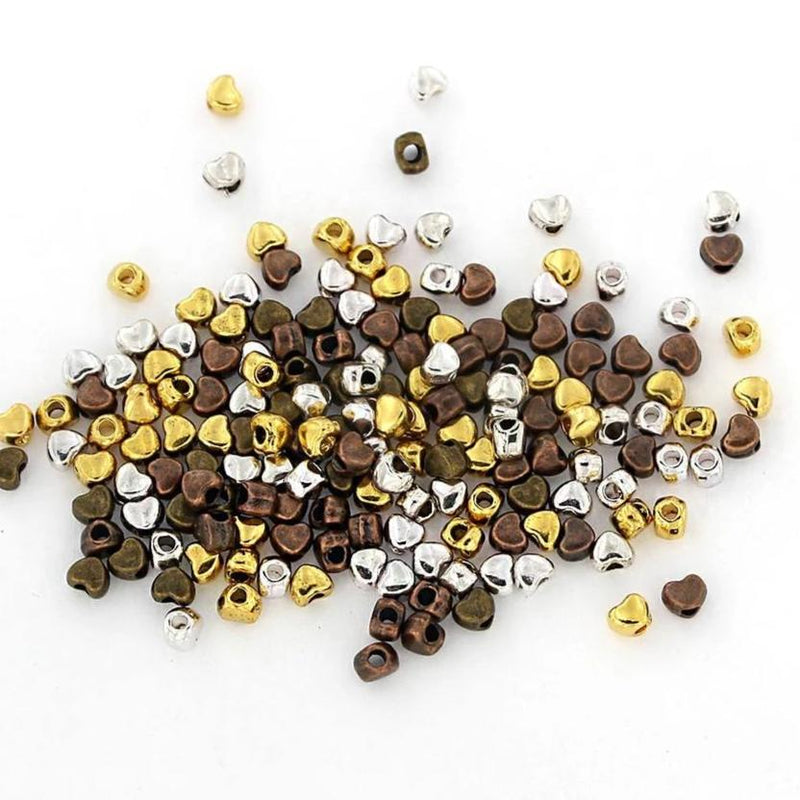 Heart Spacer Beads 3.5mm x 4mm - Assorted Silver, Bronze, Copper and Gold Tones - 100 Beads - FD385