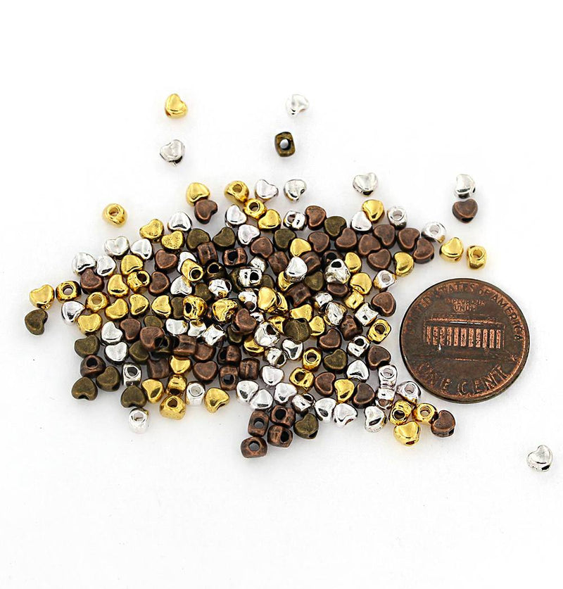 Heart Spacer Beads 3.5mm x 4mm - Assorted Silver, Bronze, Copper and Gold Tones - 100 Beads - FD385