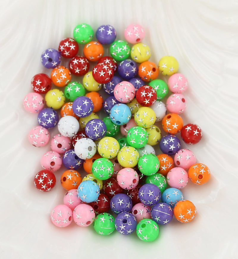 Round Acrylic Beads 8mm - Assorted Rainbow Star Sparkle - 100 Beads  - BD1581