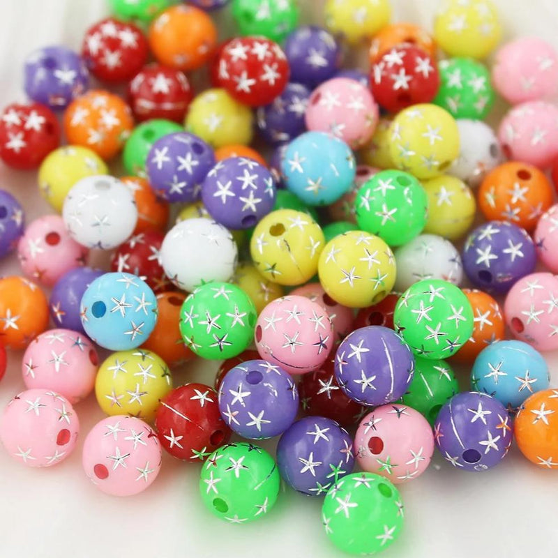 Round Acrylic Beads 8mm - Assorted Rainbow Star Sparkle - 100 Beads  - BD1581