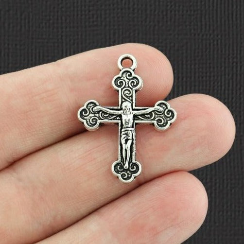 10 Crucifix Antique Silver Tone Charms - SC2788