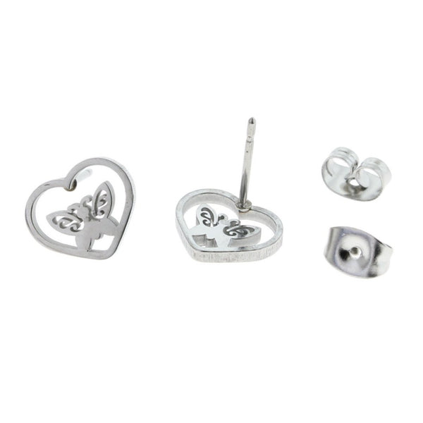 Boucles d'Oreilles Acier Inoxydable - Clous Coeur Papillon - 10mm x 8mm - 2 Pièces 1 Paire - ER043