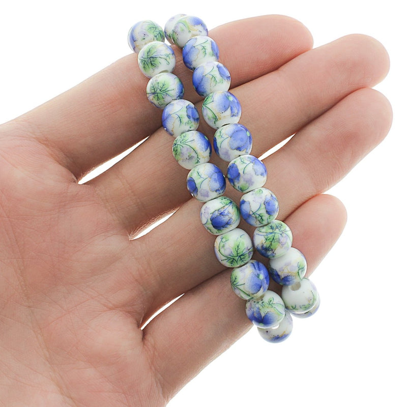 Perles Rondes en Céramique 8mm - Floral Bleu - 1 Rang 40 Perles - BD245