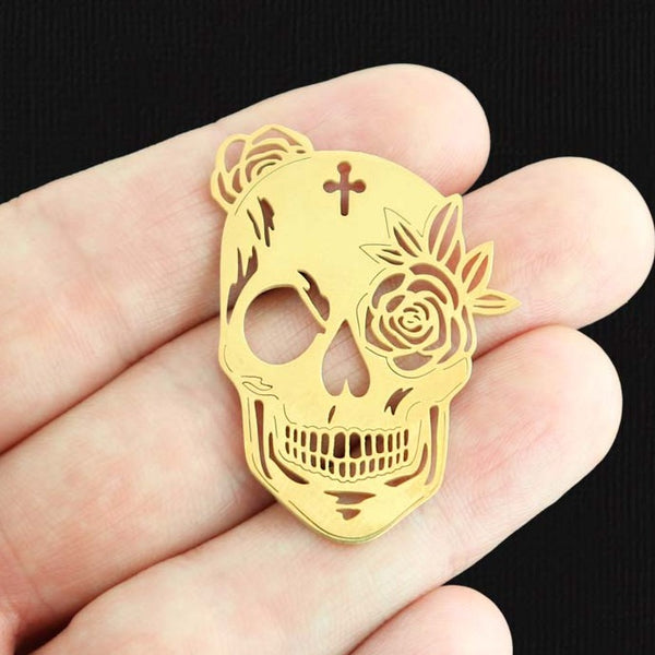 Floral Skull Gold Stainless Steel Charm 2 Sided - SSP505