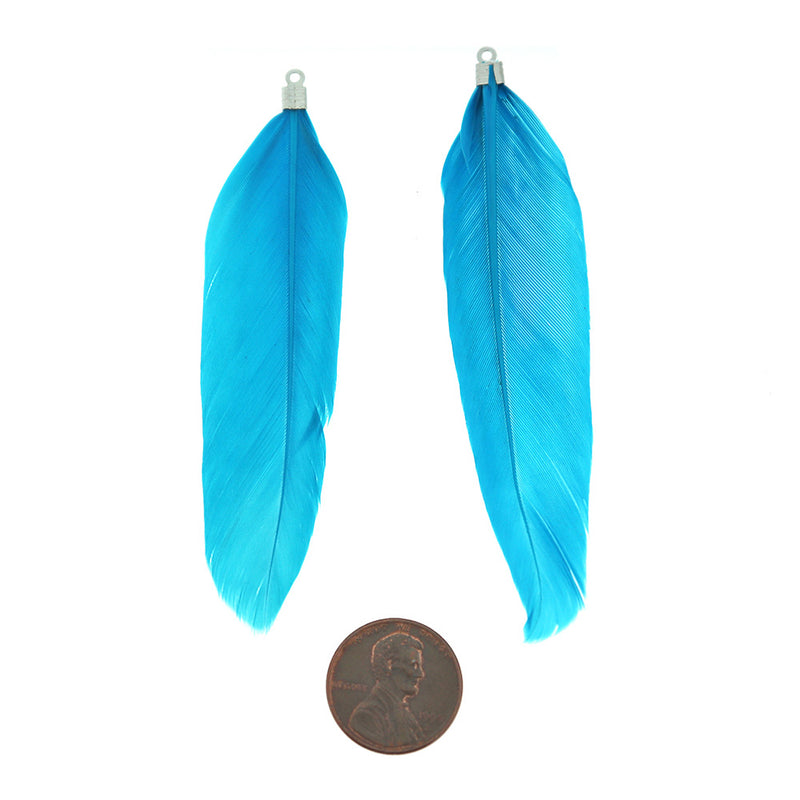 Feather Pendants - Silver Tone and Sky Blue - 12 Pieces - Z1476