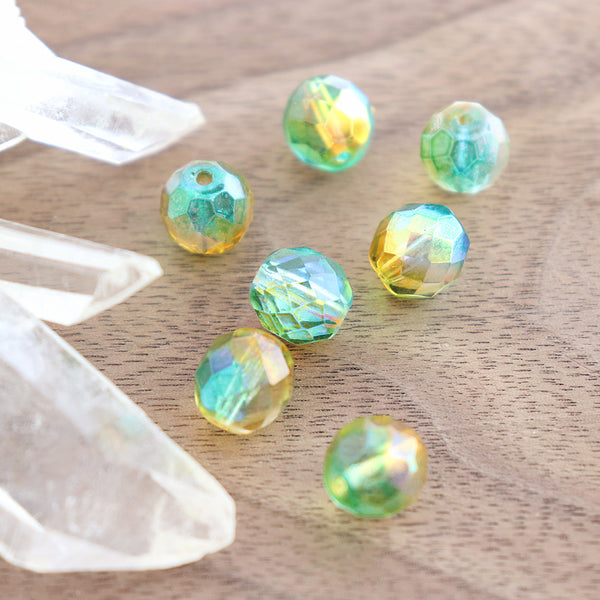 Perles de verre tchèques à facettes 10 mm - Turquoise et jaune polies au feu - 10 perles - CB074