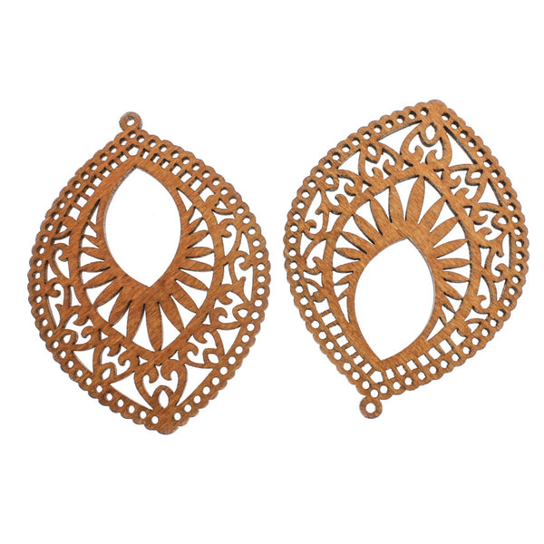 4 Filigree Teardrop Natural Wood Charms 2 Sided - WP350