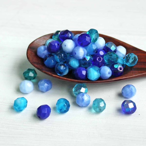 Faceted Czech Glass Beads 8mm - Fire Polished Assorted Blue Mix - 10 Beads - CB159