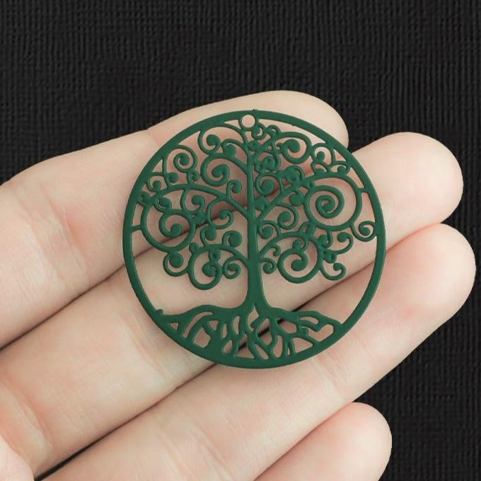 4 Tree of Life Green Enamel Stainless Steel Charms 2 Sided - SSP384