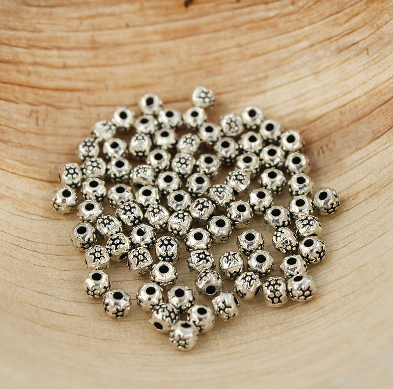 Round Spacer Beads 4mm - Silver Tone - 50 Beads - BD1142