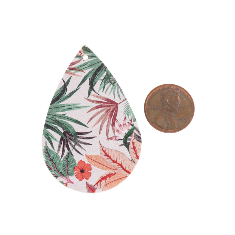 Imitation Leather Teardrop Pendants - Pink Tropical Flower - 4 Pieces - LP241