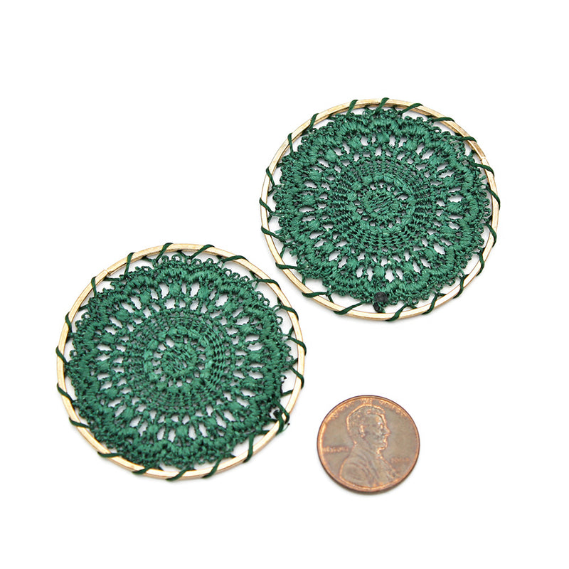 2 Green Woven Lace Gold Tone Pendants - TSP115
