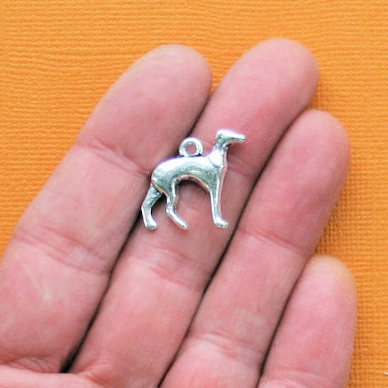 5 Greyhound Dog Antique Silver Tone Charms 2 Sided - SC1665