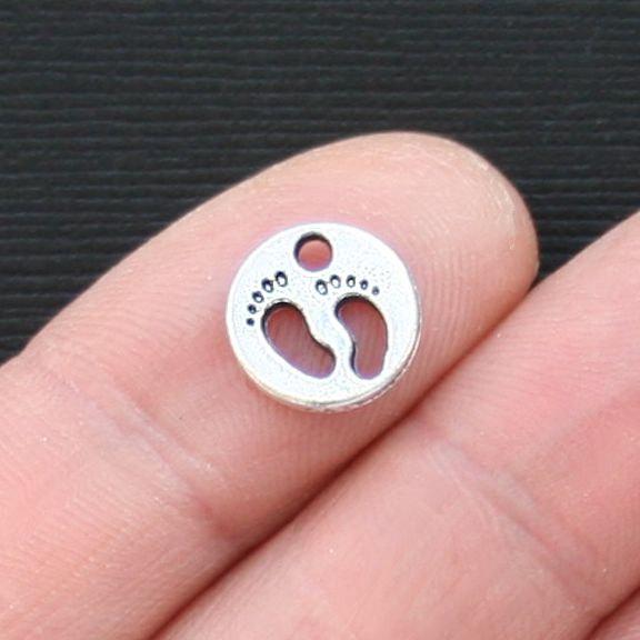 12 Baby Feet Antique Silver Tone Charms 2 Sided - SC3175