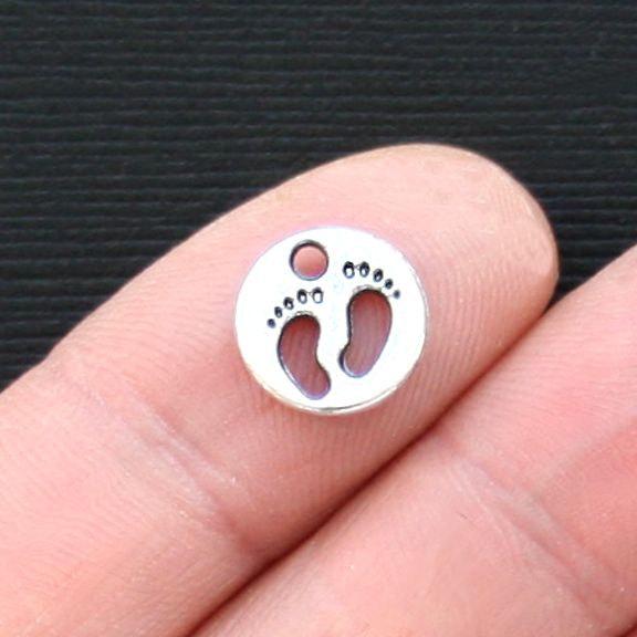 12 Baby Feet Antique Silver Tone Charms 2 Sided - SC3175