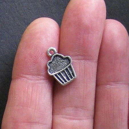 12 Cupcake Antique Silver Tone Charms - SC072