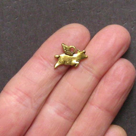 12 breloques de ton or antique cochon volant 2 faces - GC060