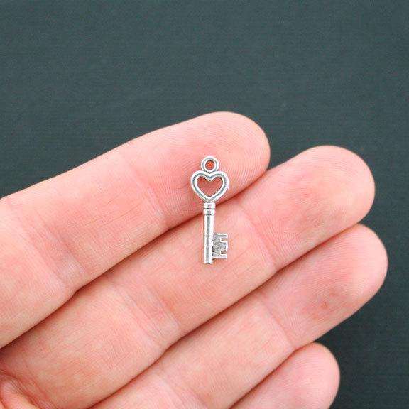 12 Heart Key Antique Silver Tone Charms 2 Sided - SC2991