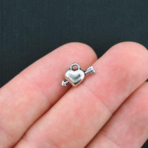 12 Heart and Arrow Antique Silver Tone Charms 2 Sided - SC3724