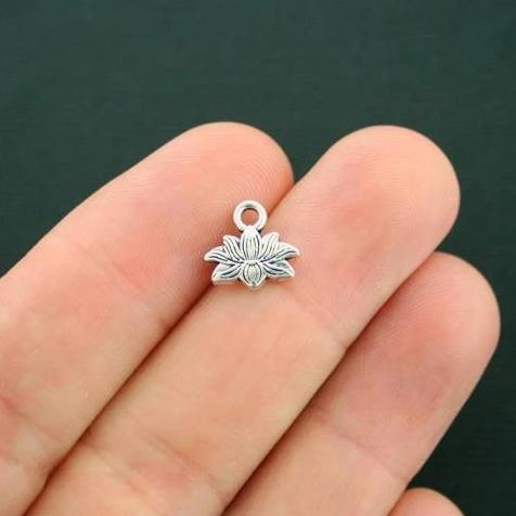 12 Lotus Antique Silver Tone  Charms - 2 Sided - SC7132