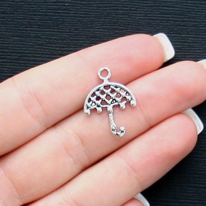 12 Umbrella Antique Silver Tone Charms 2 Sided - SC1401