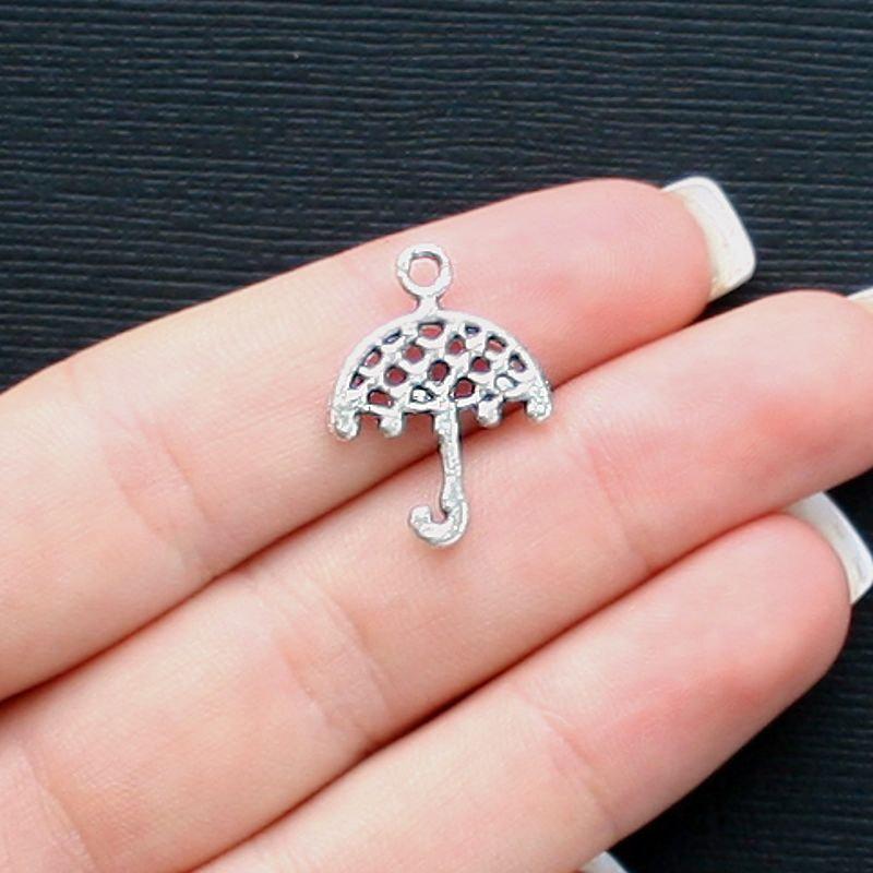 12 Umbrella Antique Silver Tone Charms 2 Sided - SC1401
