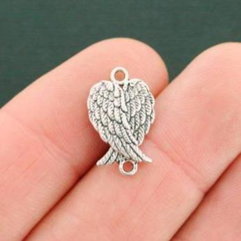 12 Angel Wings Connector Antique Silver Tone Charms 2 Faces - SC5016