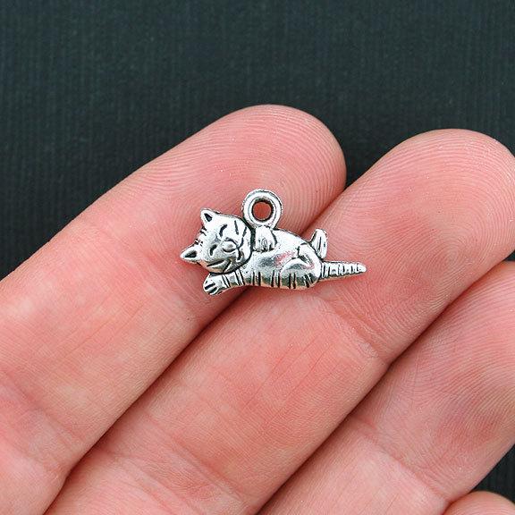 12 Cat Antique Silver Tone Charms 2 Sided - SC3589