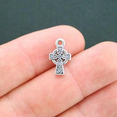12 Celtic Cross Antique Silver Tone Charms 2 Sided - SC4992