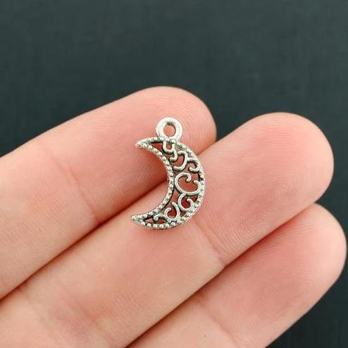 12 Crescent Moon Antique Silver Tone Charms 2 Sided - SC7882