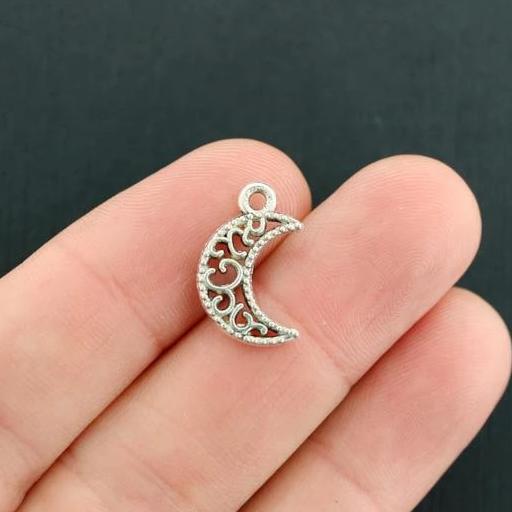 12 Crescent Moon Antique Silver Tone Charms 2 Sided - SC7882