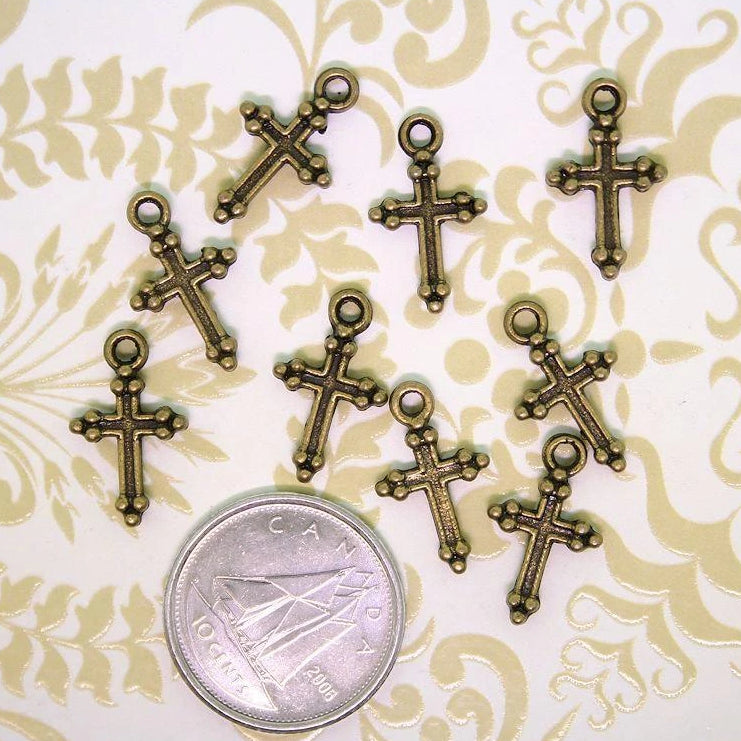 12 Cross Antique Bronze Tone Charms 2 Sided - BC126