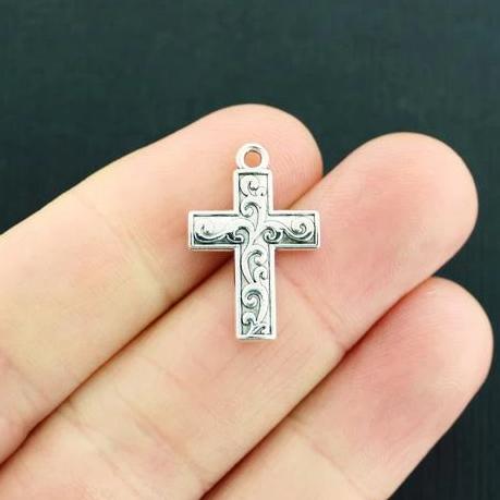 12 Cross Antique Silver Tone Charms 2 Sided - SC6925