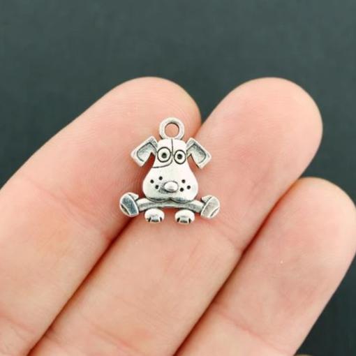 12 Dog with Bone Antique Silver Tone Charms 2 Sided - SC5102