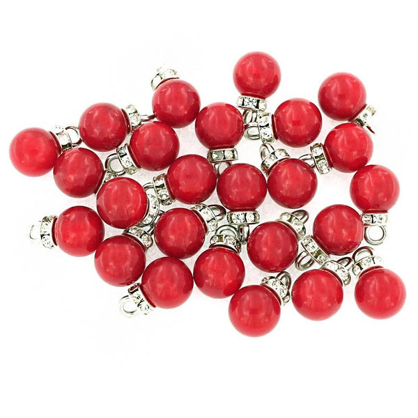 Perles Acryliques Gouttes Rondes avec Strass Incrustés 10mm - Rouge Rubis - 12 Perles - BD216