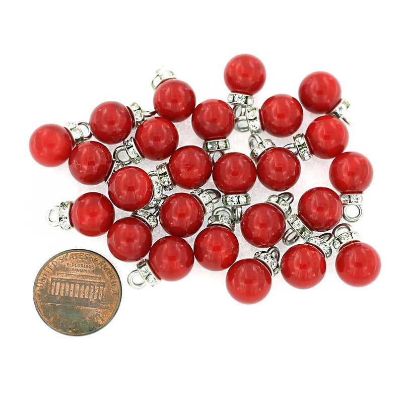 Round Drop Acrylic Beads with Inset Rhinestones 10mm - Ruby Red - 12 Beads - BD216