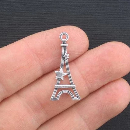 12 Eiffel Tower Antique Silver Tone Charms 2 Sided - SC839