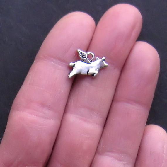 12 Flying Pig Antique Silver Tone Charms 2 Sided - SC986
