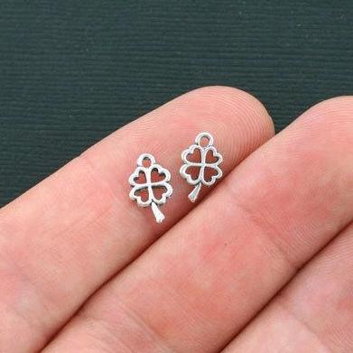 12 Four Leafed Clover Antique Silver Tone Charms 2 Sided - SC4434