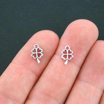 12 Four Leafed Clover Antique Silver Tone Charms 2 Sided - SC4434