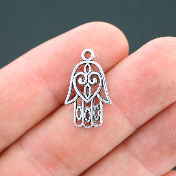 12 Hamsa Hand Antique Silver Tone Charms 2 Sided - SC3938