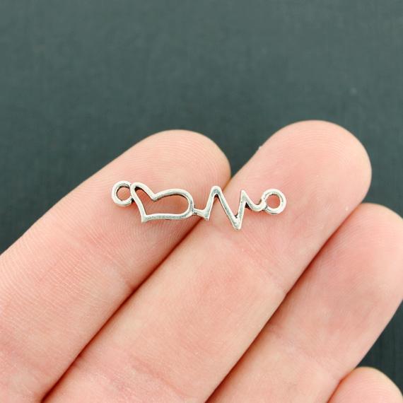 12 Heart Beat Connector Antique Silver Tone Charms - SC3054