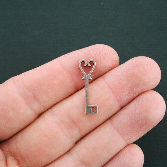 12 Heart Key Antique Copper Tone Charms 2 Sided - BC475