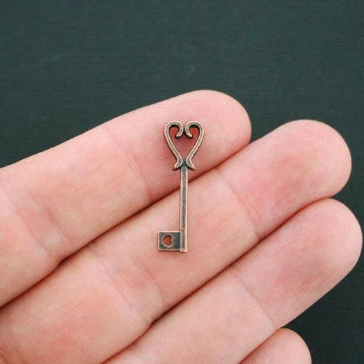 12 Heart Key Antique Copper Tone Charms 2 Sided - BC475