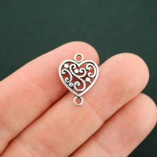 12 Heart Swirl Connector Antique Silver Tone Charms - SC6182