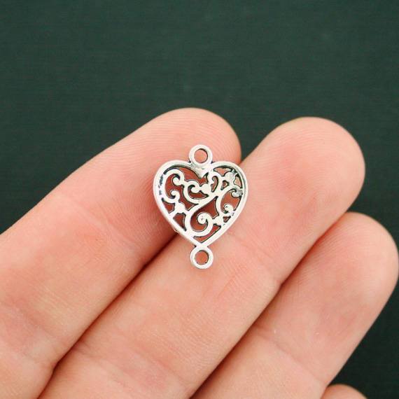 12 Heart Swirl Connector Antique Silver Tone Charms - SC6182
