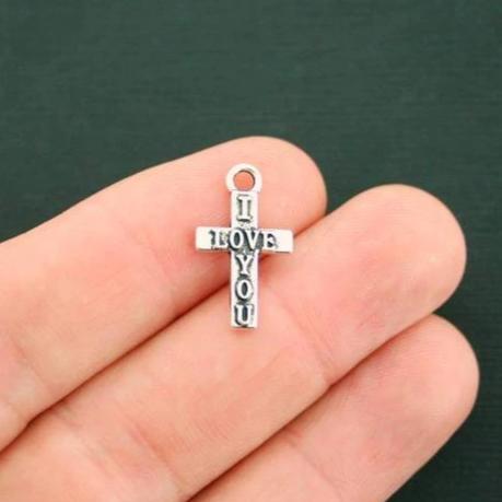 12 Love You Cross Antique Silver Tone  Charms - SC7261