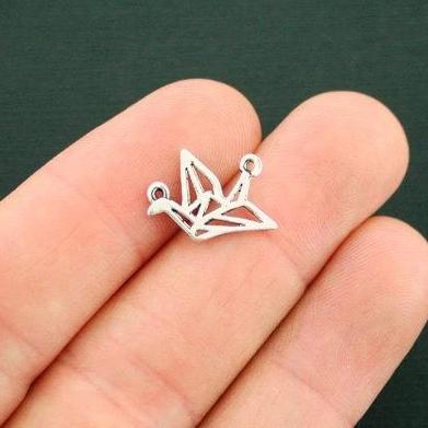 12 Origami Swan Connector Antique Silver Tone Charms 2 Sided - SC6255